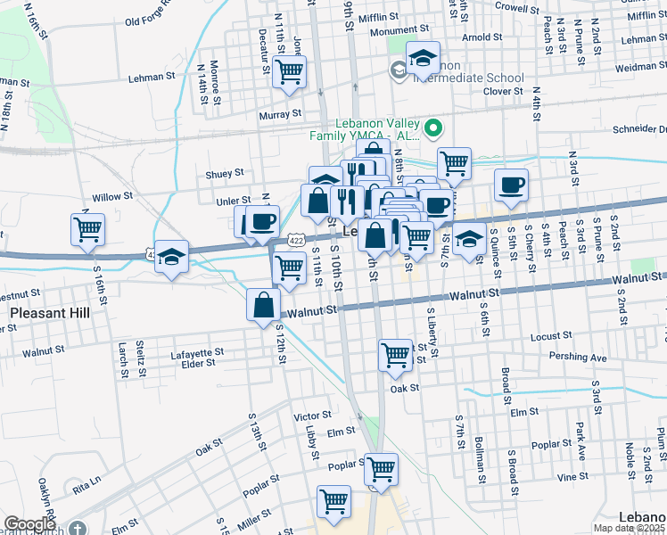 map of restaurants, bars, coffee shops, grocery stores, and more near 1001 Chestnut Street in Lebanon