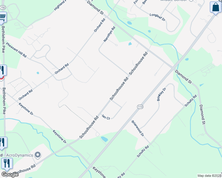 map of restaurants, bars, coffee shops, grocery stores, and more near 215 Schoolhouse Road in Sellersville
