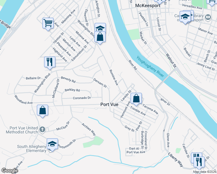 map of restaurants, bars, coffee shops, grocery stores, and more near 323 Dersam Street in McKeesport