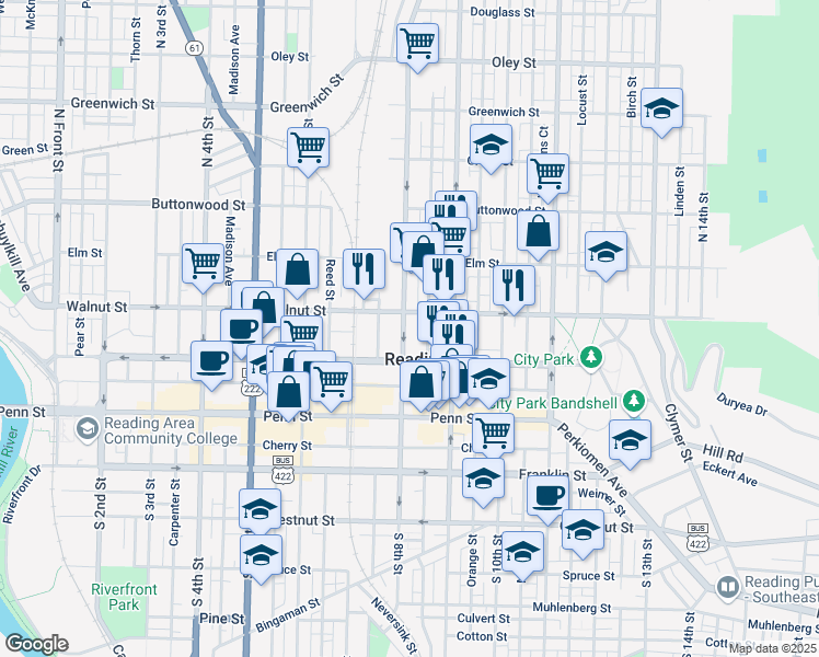 map of restaurants, bars, coffee shops, grocery stores, and more near 137 North 8th Street in Reading