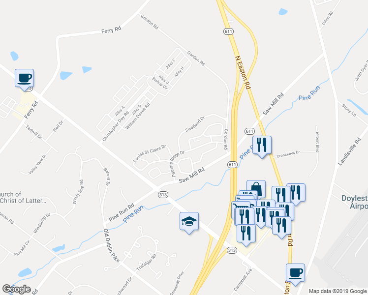 map of restaurants, bars, coffee shops, grocery stores, and more near 5412 Rinker Circle in Doylestown