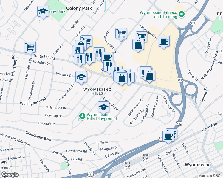 map of restaurants, bars, coffee shops, grocery stores, and more near 8 Valley Road in Reading