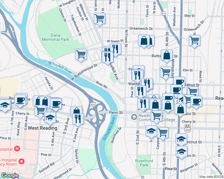 map of restaurants, bars, coffee shops, grocery stores, and more near 1133 River Road in Reading