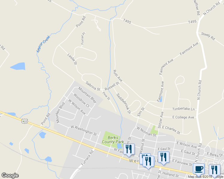 map of restaurants, bars, coffee shops, grocery stores, and more near 352 Saddlebrook Drive in Wernersville