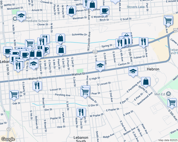 map of restaurants, bars, coffee shops, grocery stores, and more near 1 East Walnut Street in Lebanon