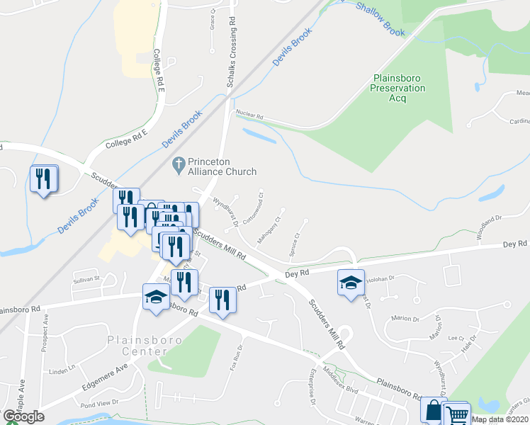 map of restaurants, bars, coffee shops, grocery stores, and more near in Plainsboro Township