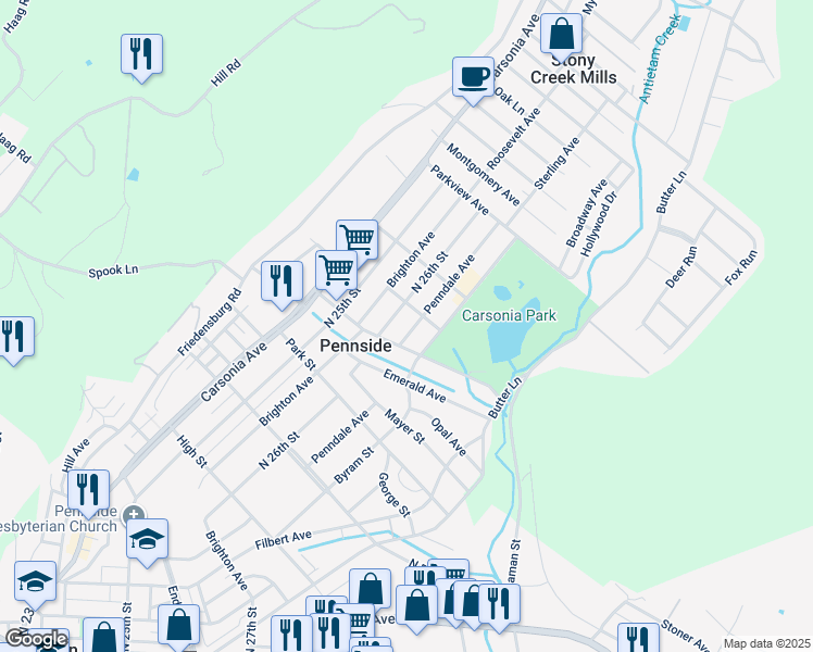 map of restaurants, bars, coffee shops, grocery stores, and more near 804 Penndale Avenue in Reading
