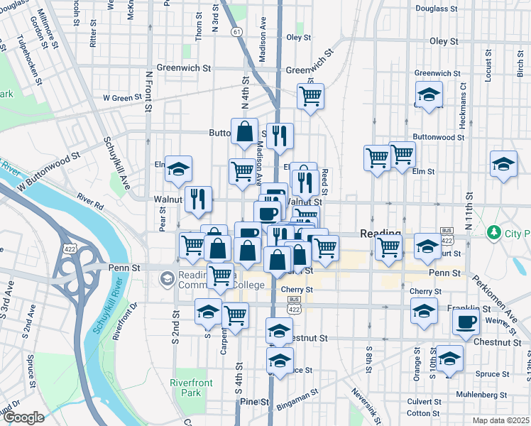 map of restaurants, bars, coffee shops, grocery stores, and more near 131 Madison Avenue in Reading