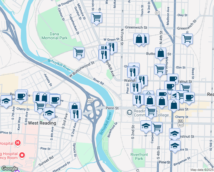 map of restaurants, bars, coffee shops, grocery stores, and more near 1133 River Road in Reading