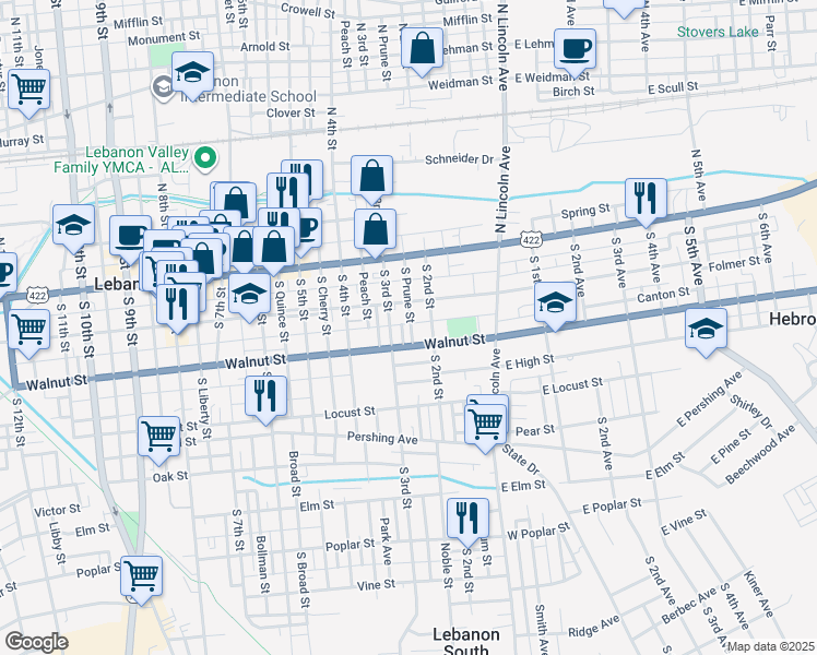 map of restaurants, bars, coffee shops, grocery stores, and more near 125 South 2nd Street in Lebanon
