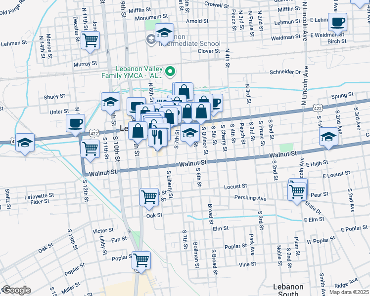 map of restaurants, bars, coffee shops, grocery stores, and more near 626 Chestnut Street in Lebanon