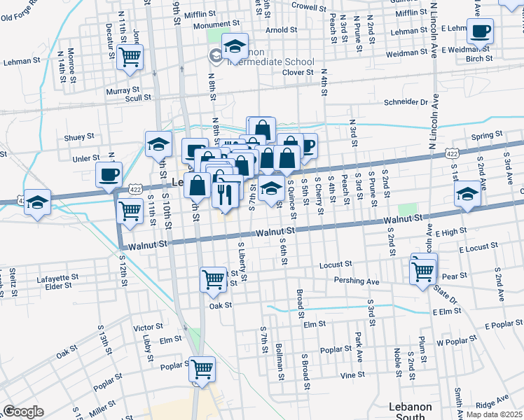 map of restaurants, bars, coffee shops, grocery stores, and more near 626 Chestnut Street in Lebanon