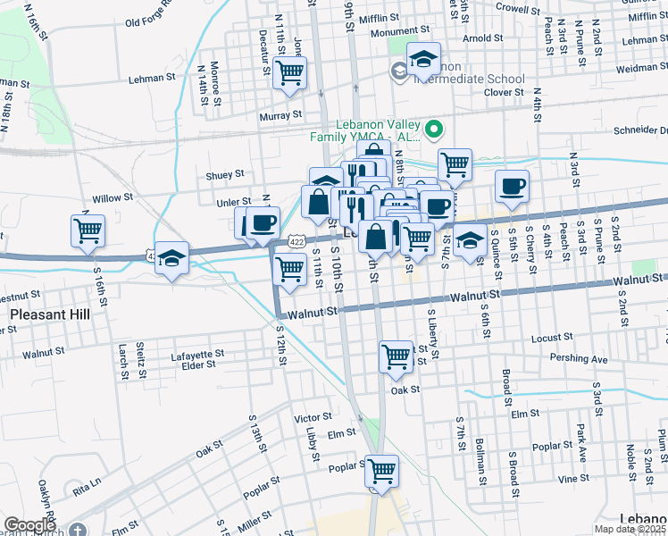 map of restaurants, bars, coffee shops, grocery stores, and more near 1001 Chestnut Street in Lebanon