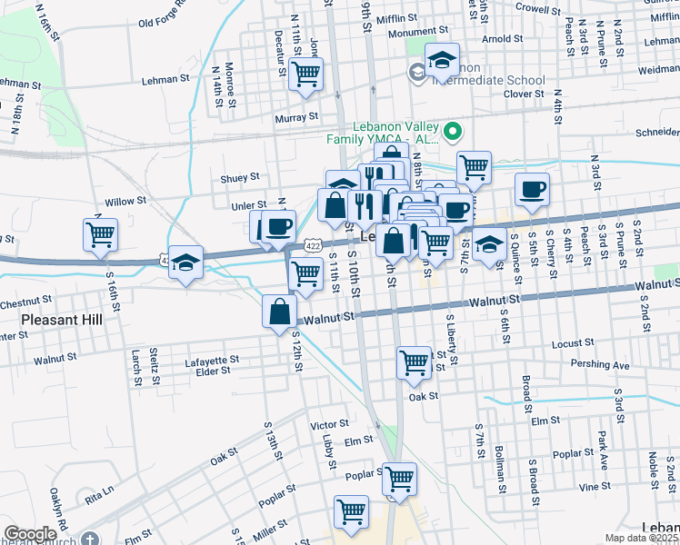map of restaurants, bars, coffee shops, grocery stores, and more near 1001 Chestnut Street in Lebanon