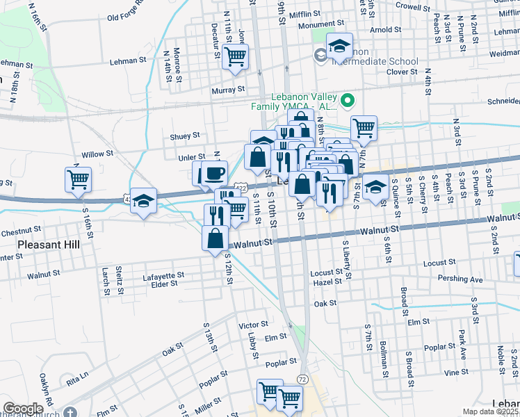 map of restaurants, bars, coffee shops, grocery stores, and more near 1001 Chestnut Street in Lebanon