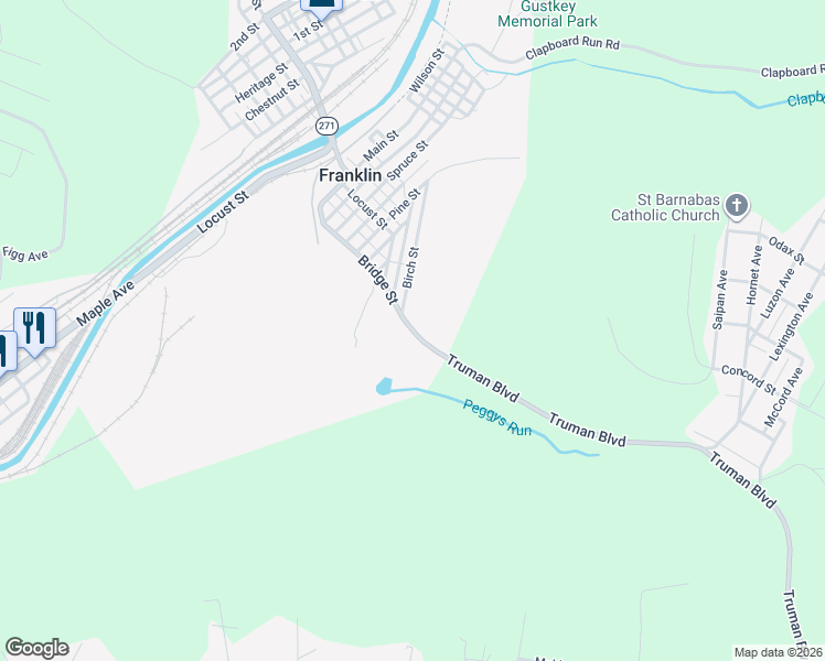 map of restaurants, bars, coffee shops, grocery stores, and more near 330-398 Bridge Street in Johnstown