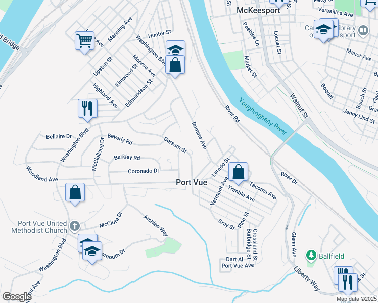map of restaurants, bars, coffee shops, grocery stores, and more near 323 Dersam Street in McKeesport