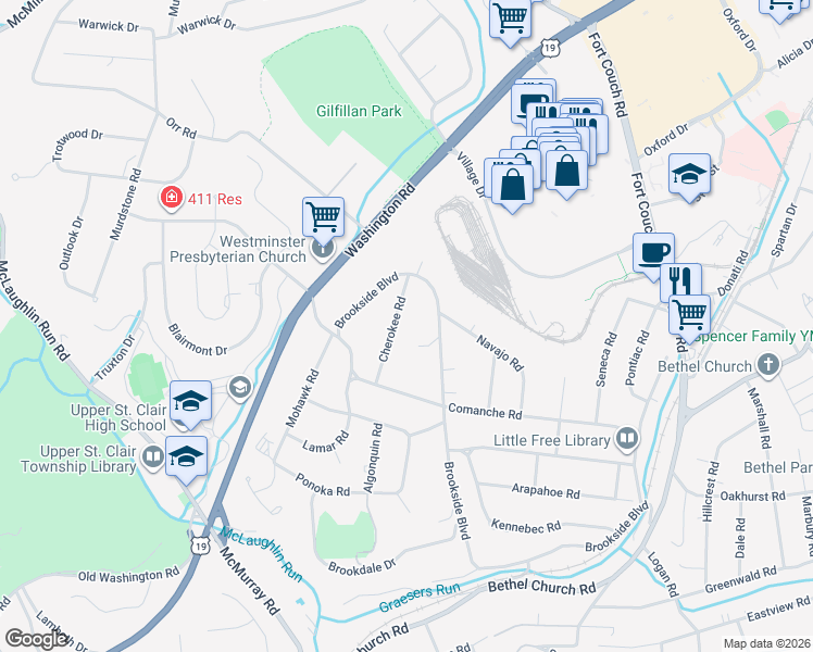 map of restaurants, bars, coffee shops, grocery stores, and more near 216 Cherokee Road in Pittsburgh
