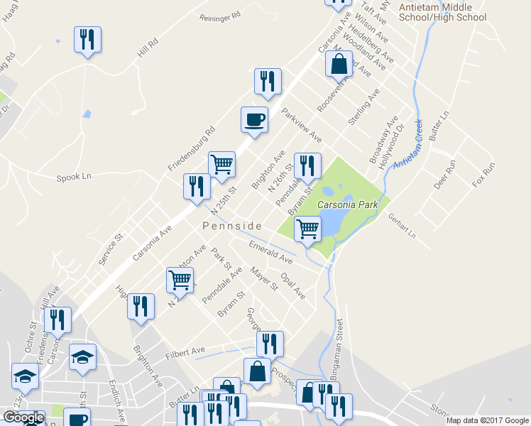 map of restaurants, bars, coffee shops, grocery stores, and more near 804 Penndale Avenue in Reading