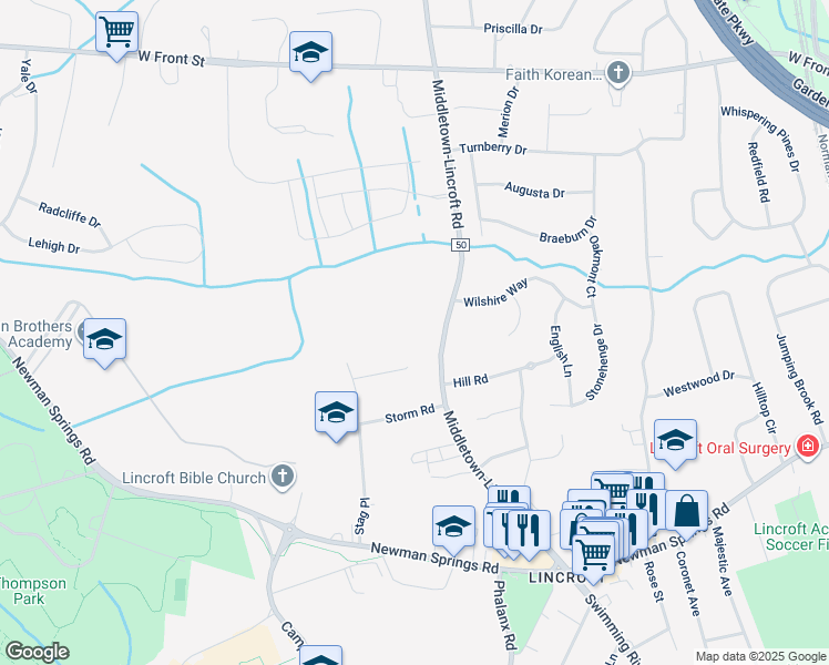 map of restaurants, bars, coffee shops, grocery stores, and more near in Middletown Township