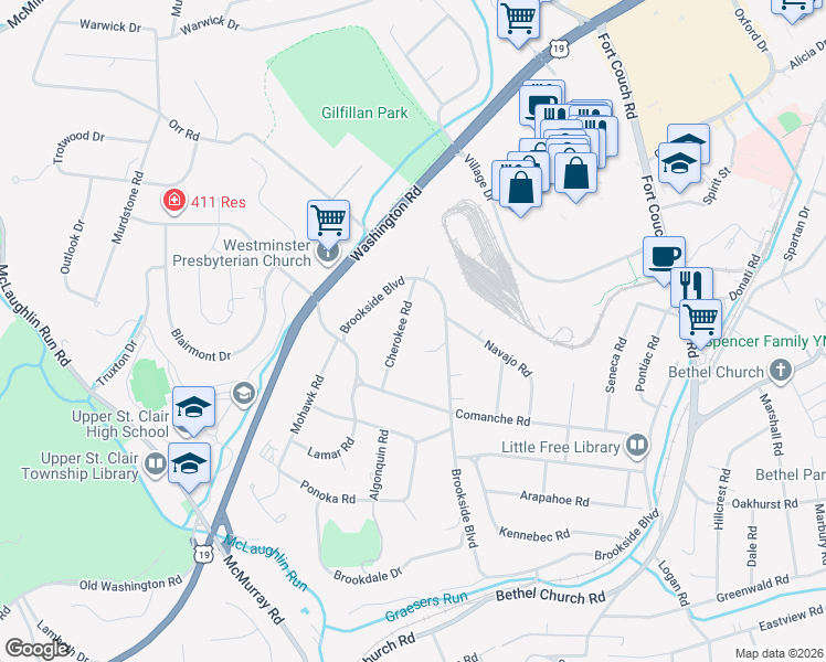 map of restaurants, bars, coffee shops, grocery stores, and more near 216 Cherokee Rd in Pittsburgh
