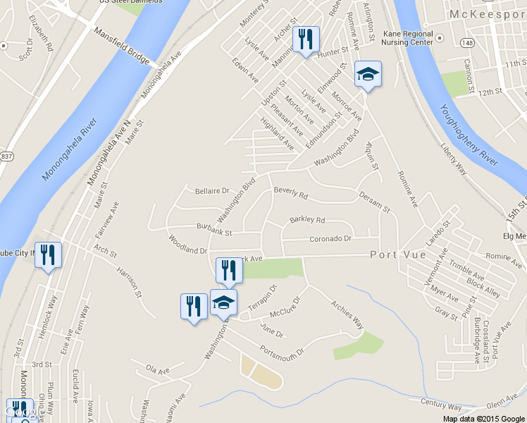map of restaurants, bars, coffee shops, grocery stores, and more near 1211 Mcclelland Dr in McKeesport