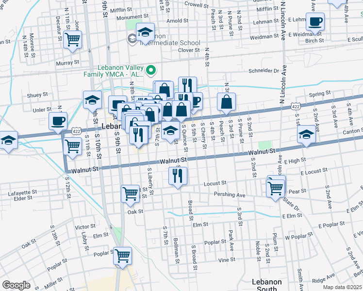 map of restaurants, bars, coffee shops, grocery stores, and more near 112 South 6th Street in Lebanon