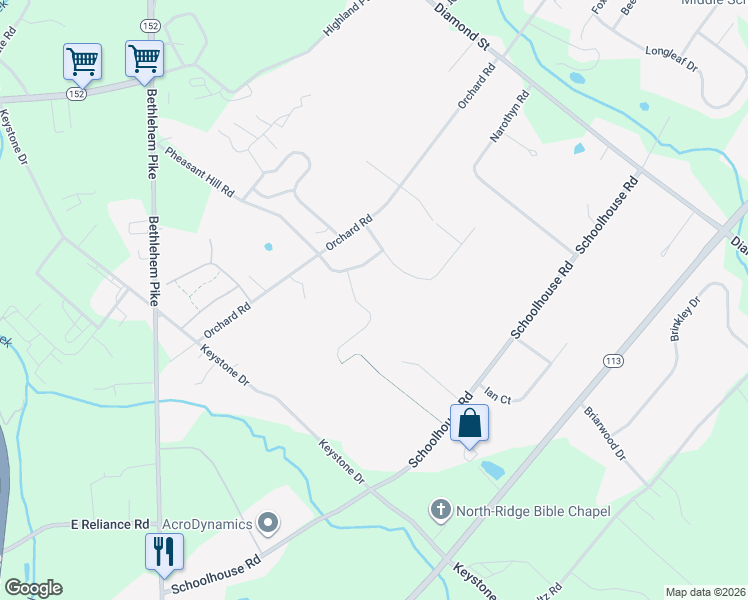 map of restaurants, bars, coffee shops, grocery stores, and more near 119 Chestnut Lane in Sellersville