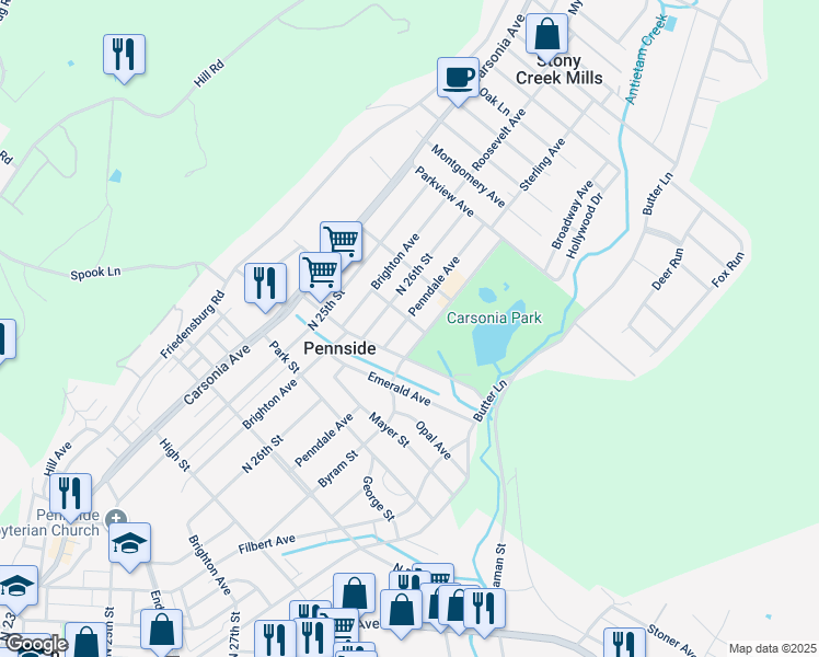 map of restaurants, bars, coffee shops, grocery stores, and more near 809 Penndale Avenue in Reading