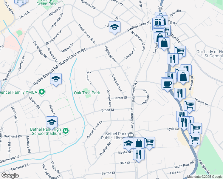 map of restaurants, bars, coffee shops, grocery stores, and more near 5033 Orchard Ave in Bethel Park