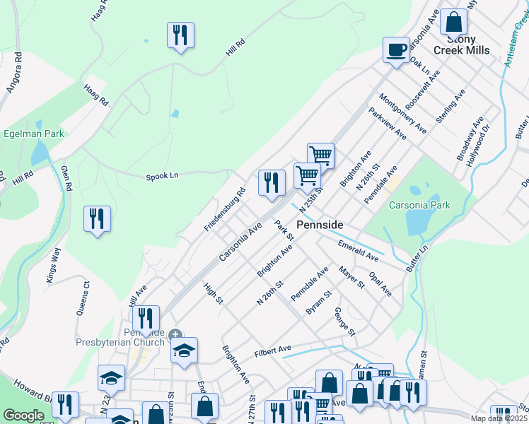 map of restaurants, bars, coffee shops, grocery stores, and more near 710 Carsonia Avenue in Reading