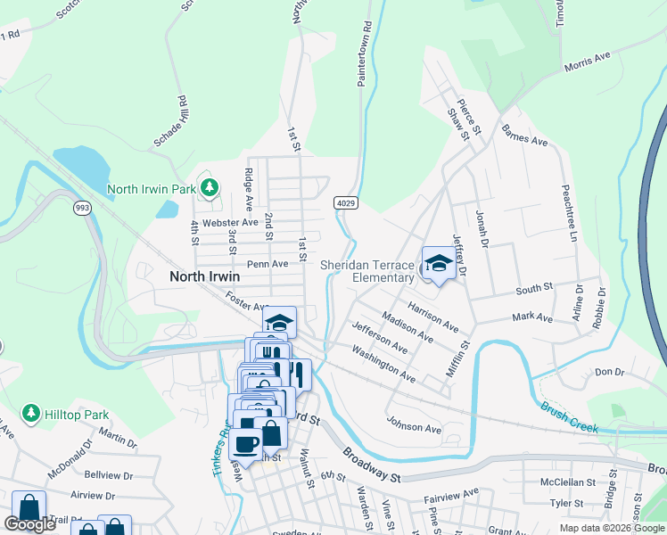 map of restaurants, bars, coffee shops, grocery stores, and more near 1210 Paintertown Road in Irwin