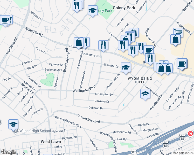 map of restaurants, bars, coffee shops, grocery stores, and more near 44 Wellington Boulevard in Wyomissing