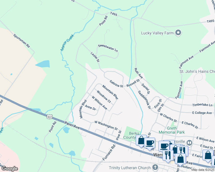 map of restaurants, bars, coffee shops, grocery stores, and more near 424 Mountain Blvd in Wernersville