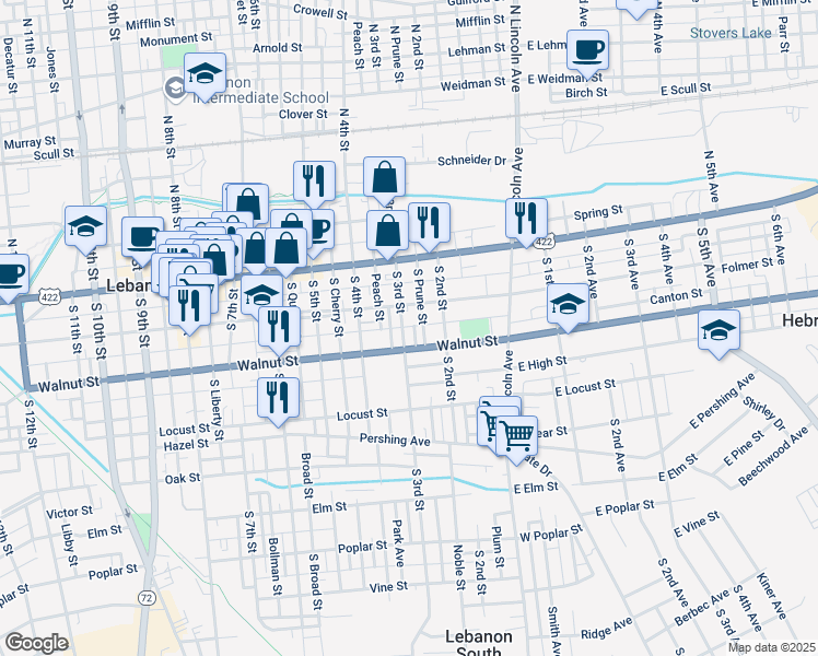 map of restaurants, bars, coffee shops, grocery stores, and more near 119 South 3rd Street in Lebanon