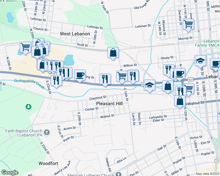 map of restaurants, bars, coffee shops, grocery stores, and more near 1700 Cumberland Street in Lebanon