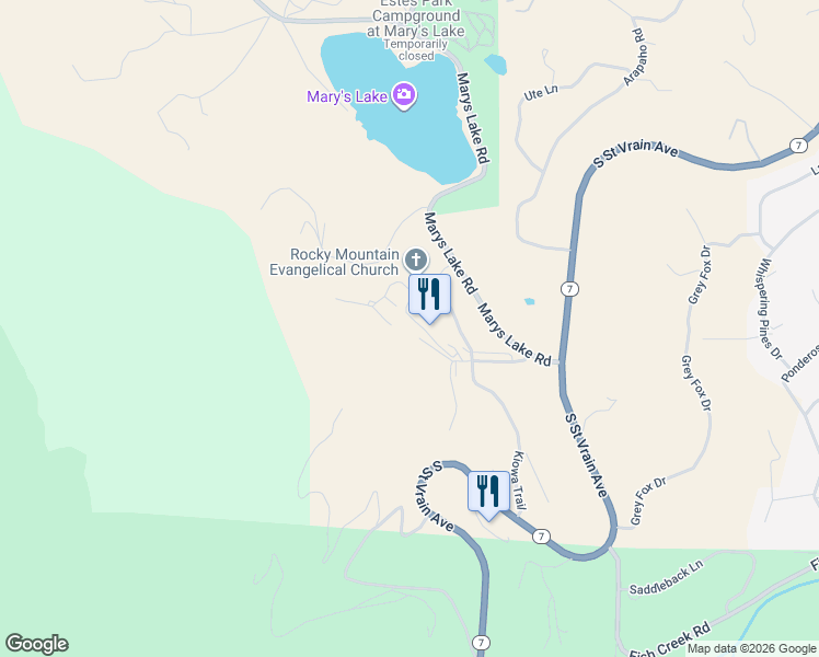 map of restaurants, bars, coffee shops, grocery stores, and more near 516 Promontory Drive in Estes Park