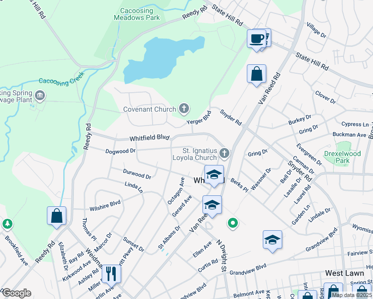 map of restaurants, bars, coffee shops, grocery stores, and more near 1202 Dogwood Drive in Reading