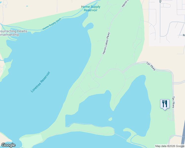 map of restaurants, bars, coffee shops, grocery stores, and more near 2786 Heron Lakes Parkway in Berthoud