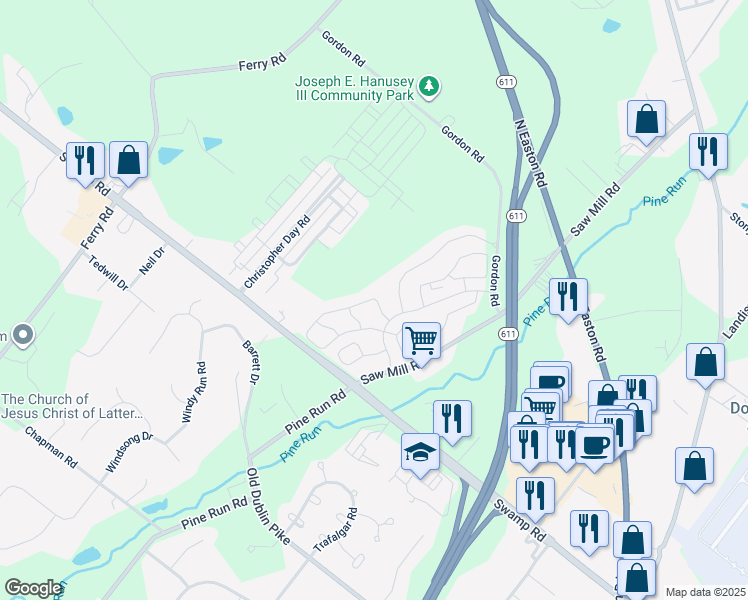 map of restaurants, bars, coffee shops, grocery stores, and more near 4655 Louise Saint Claire Drive in Doylestown