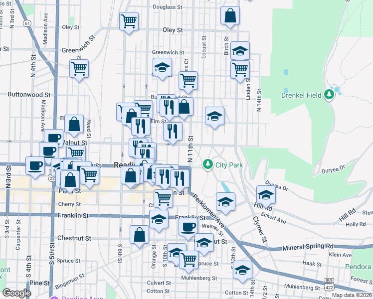map of restaurants, bars, coffee shops, grocery stores, and more near 140 North 11th Street in Reading
