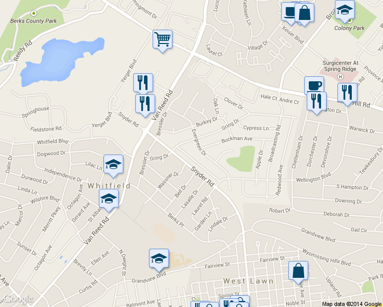 map of restaurants, bars, coffee shops, grocery stores, and more near 823 Carman Drive in Wyomissing