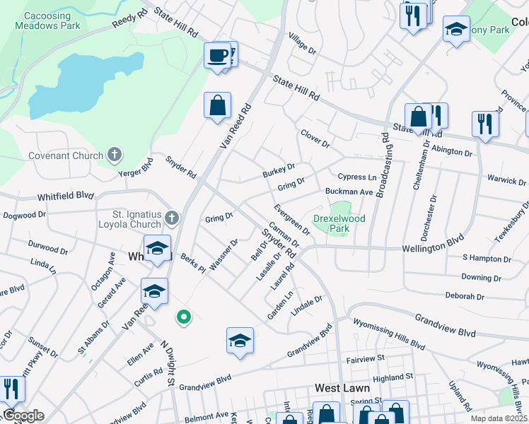 map of restaurants, bars, coffee shops, grocery stores, and more near 823 Carman Drive in Wyomissing