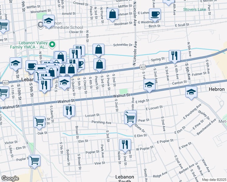 map of restaurants, bars, coffee shops, grocery stores, and more near 125 South 2nd Street in Lebanon