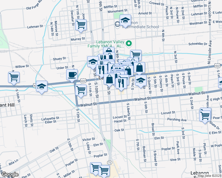 map of restaurants, bars, coffee shops, grocery stores, and more near 833 Chestnut Street in Lebanon