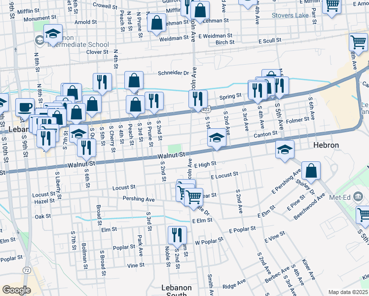 map of restaurants, bars, coffee shops, grocery stores, and more near 1 East Walnut Street in Lebanon
