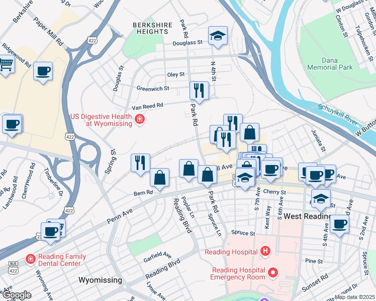 map of restaurants, bars, coffee shops, grocery stores, and more near 200 Park Road in Wyomissing
