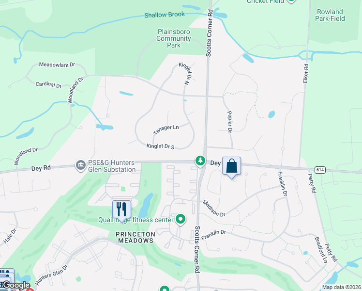 map of restaurants, bars, coffee shops, grocery stores, and more near 21 Kinglet Drive South in Plainsboro Township