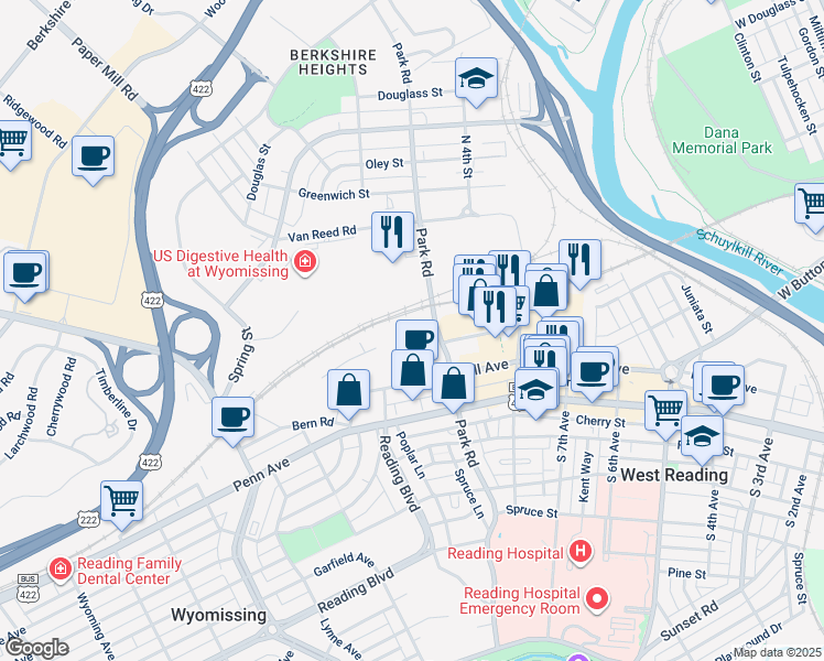 map of restaurants, bars, coffee shops, grocery stores, and more near 200 Park Road in Wyomissing