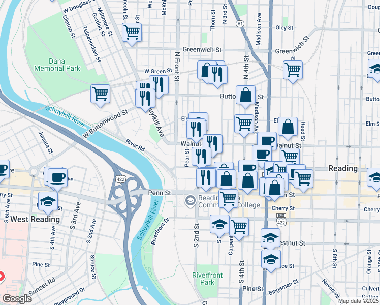 map of restaurants, bars, coffee shops, grocery stores, and more near 147 Pear Street in Reading